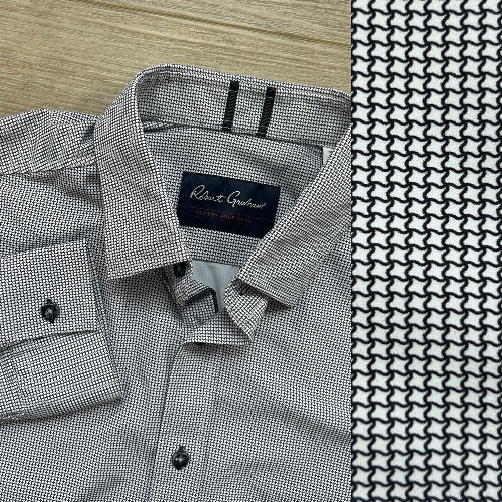 Robert Graham Medium Tailored Fit Modern Americana Black Houndstooth Flip Cuff